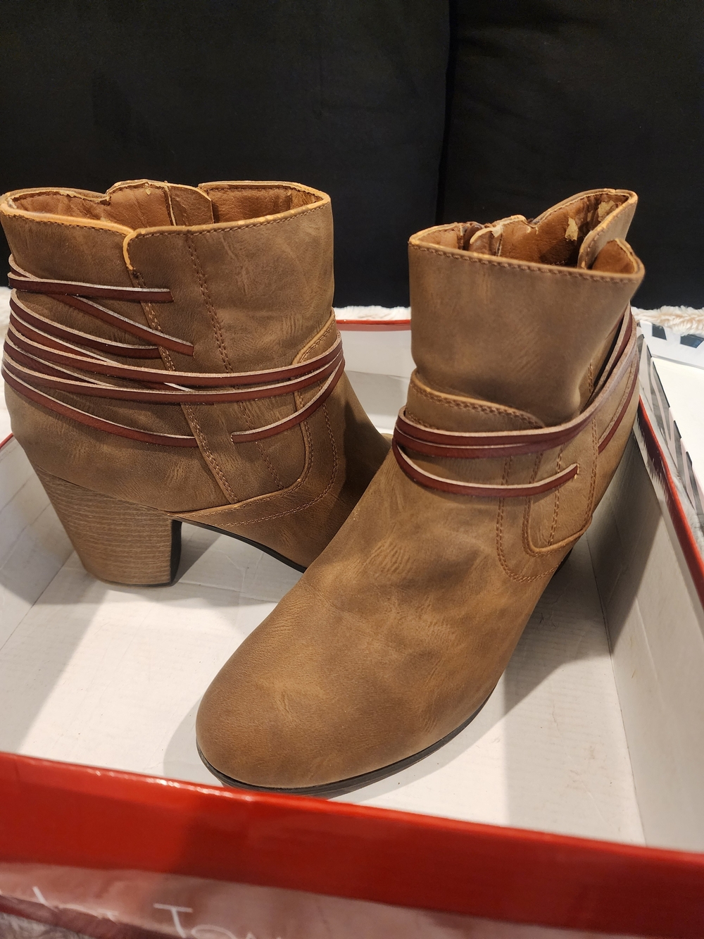 Tan Women’s Ankle Booties with Decorative Wrap Straps